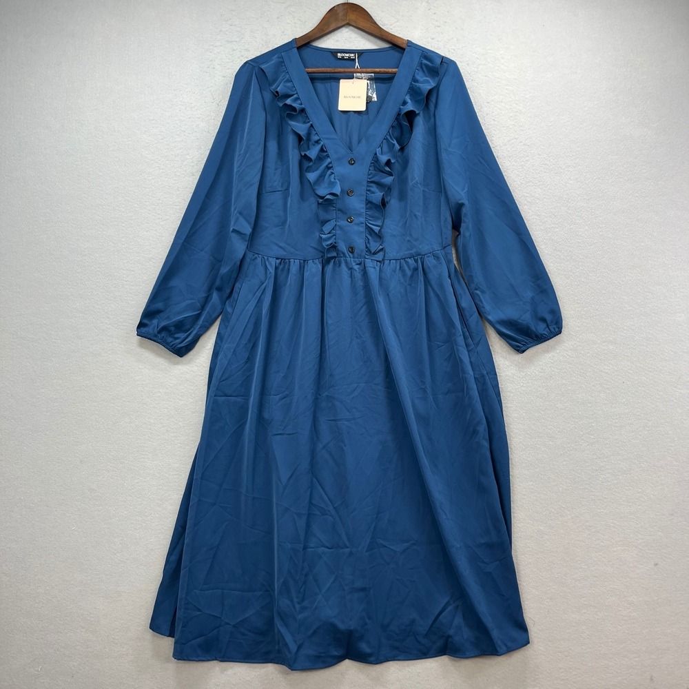 BloomChic A-Line Dress Womens 12 Blue Ruffle V-Neck Long Sleeve Midi Cottagecore